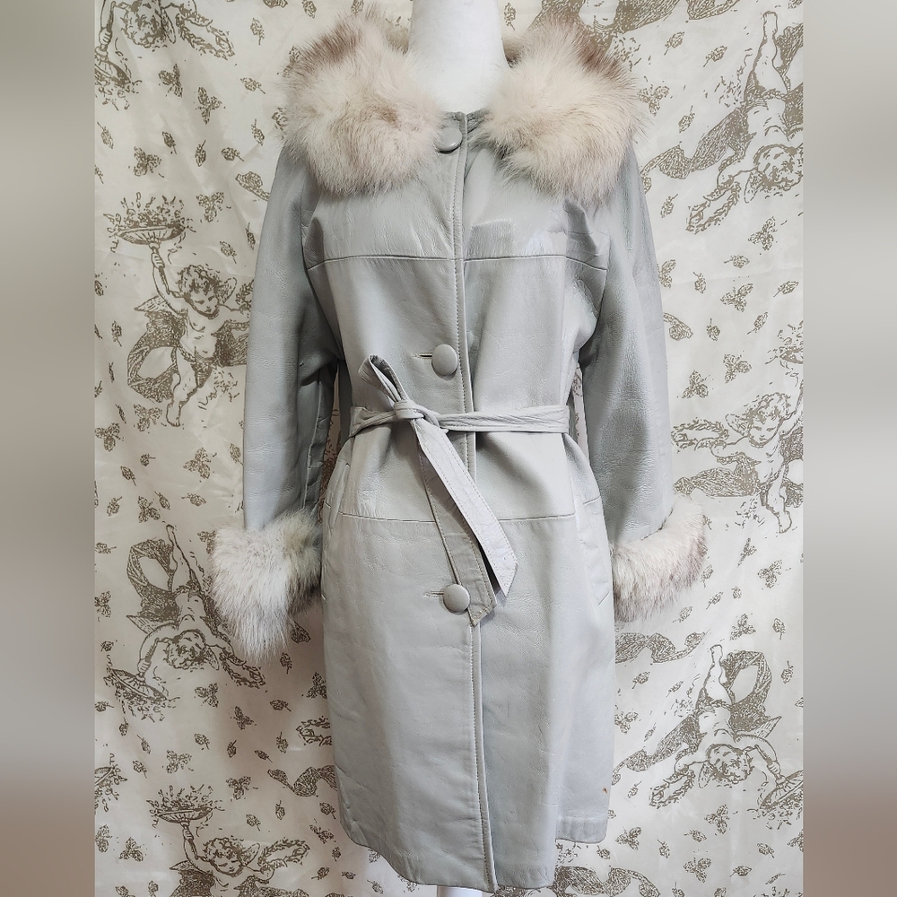 Stunning vintage fur trim 60s dove grey leather coat fits Sz S/M